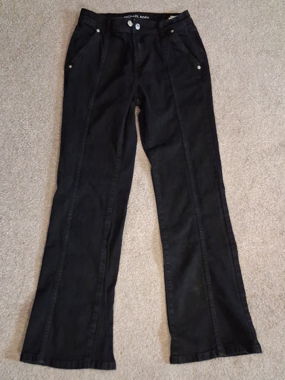 Michael Kors Women's Black Flare Jeans. Mid Seam Up Down Pant-Side Pockets (2)